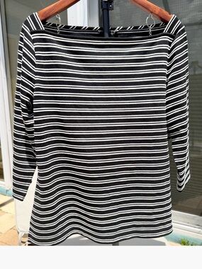 St. John Black and White Striped Knit Boatneck Top 3/4 Sleeve